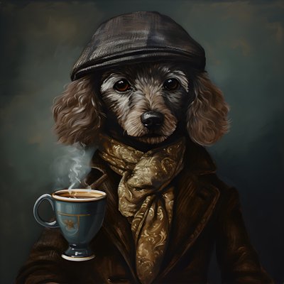Kültürlü bir fino köpeği bir fincan çay içer, balıkçı yakalı ve düz şapkalı, dumanlı arka plan 1 by Kurt Heppke