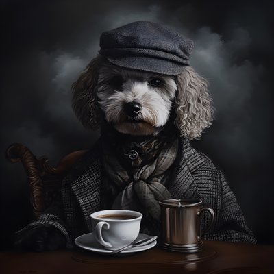 Kültürlü bir fino köpeği bir fincan çay içer, balıkçı yaka kazak ve düz bir şapka takar, dumanlı arka plan 2 by Kurt Heppke