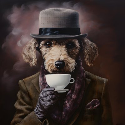 Kültürlü bir fino köpeği bir fincan çay içer, balıkçı yaka kazak ve düz bir şapka takar, dumanlı arka plan 3 by Kurt Heppke