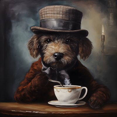 Kültürlü bir fino köpeği bir fincan çay içer, balıkçı yaka ve düz şapka takar, dumanlı arka plan 4 by Kurt Heppke