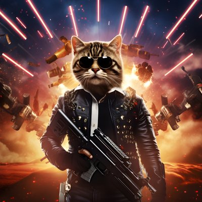 Arka planda patlamalar ve topların olduğu, siyah beyaz puanlı gömlek ve parlak güneş gözlüğü takan bir kedinin film posteri 2 by Kurt Heppke