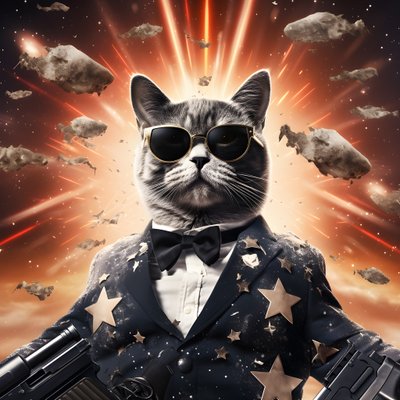 Arka planda patlamalar ve topların olduğu, siyah beyaz puanlı gömlek ve parlak güneş gözlüğü takan bir kedinin film posteri 4 by Kurt Heppke