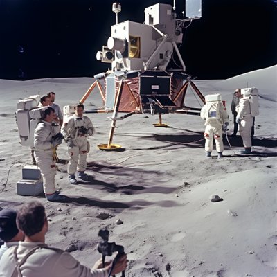Sahte Apollo 11 projesi 2#39;yi göstermek için TV kamerası olan bir grup insan by Kurt Heppke