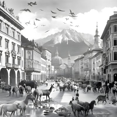 Zarif zebralar, martılar, maymunlar ve kil figürleriyle eski bir fotoğrafta Innsbruck. 2 by Kurt Heppke