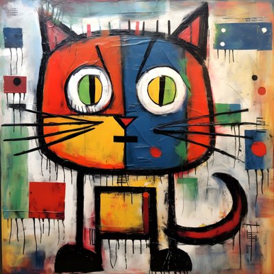 Picasso, Joan Miro ve Basquiat 2 tarzında sevimli kedi by Kurt Heppke