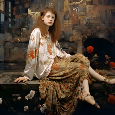 Çiçekli elbiseli ve yüksek paten ayakkabılı genç, içinden nehir akan bir harabede oturuyor. by Kurt Heppke