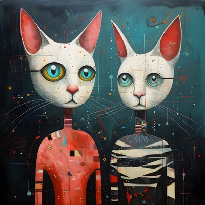 İki antropomorfik kedi, erkek kedi ve kedi, Kubrickian Synthetic 3 by Kurt Heppke