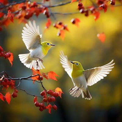 İki süper sevimli yeşil beyaz gözlü kuş kanatlarını açıyor ve sonbahar akçaağaç yapraklarında uçuyor. by Kurt Heppke