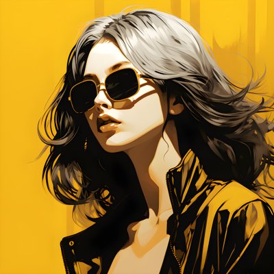 kara film estetiği tarzında, yüzünde saçları ve kulakları olan sarı güneş gözlüğü takan bir kızın illüstrasyonu 2 by Kurt Heppke