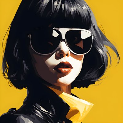 kara film estetiği tarzında, yüzünde saçları ve kulakları olan sarı güneş gözlüğü takan bir kızın illüstrasyonu 3 by Kurt Heppke