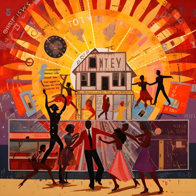 güneşli bir alanda dans eden renkli insanlar yıldızlar ve güneşlerle dans ediyor 3 by Kurt Heppke