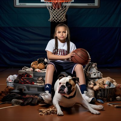 10 yaşında bir kız köpeğiyle birlikte yerde oturmuş, elinde 2 resminin olduğu bir klasörle bekliyor. by Kurt Heppke
