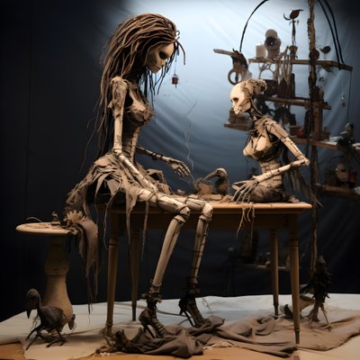 masanın üzerinde üzerinde iskelet bulunan büyük bir oyuncak bebek 1 by Kurt Heppke