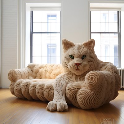 gerçekçi bir oturma odasında dev bir tığ işi kedi 1 by Kurt Heppke