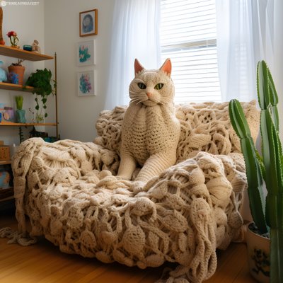 gerçekçi bir oturma odasında dev bir tığ işi kedi 3 by Kurt Heppke