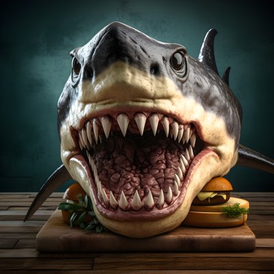büyük köpekbalığı kafalı çizburger ahşap tahtada sığır eti ile 1 by Kurt Heppke