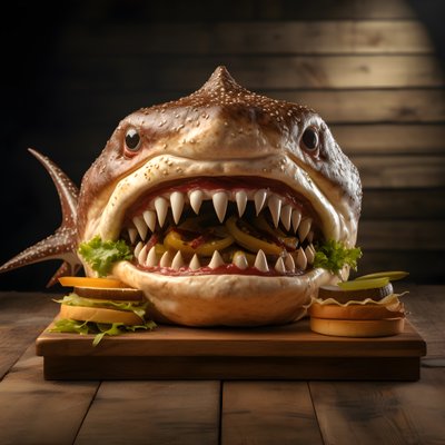 büyük köpekbalığı kafalı çizburger ahşap tahtada sığır eti ile 2 by Kurt Heppke