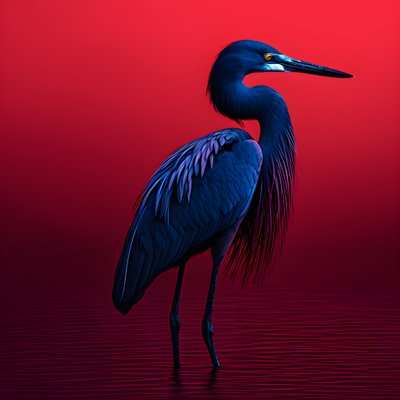 kırmızı kağıt 3 üzerinde egzotik bir kobalt mavisi ak balıkçıldan oluşan synthwave dijital güzel sanat eseri by Kurt Heppke