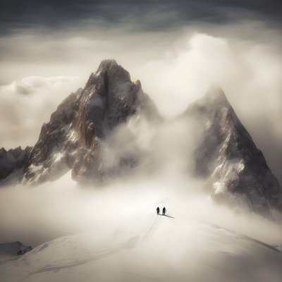 bulutlu bir dağın üzerinden kayak yapan iki kişi 2 by Kurt Heppke