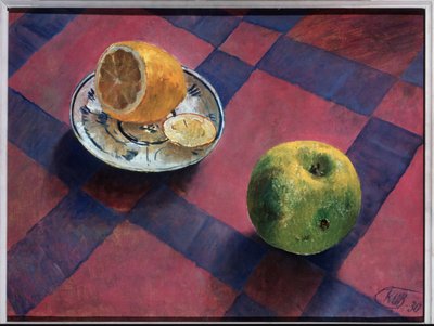 Elma ve limon. (Elma ve Limon). Kuzma Sergeevich Petrov Vodkin (Petrov-Vodkin) (Kouzma Petrov Vodkin) (Petrov-Vodkin) (1878-1939) tarafından tablo, tuval üzerine yağlı boya by Kuzma Sergeevich Petrov Vodkin