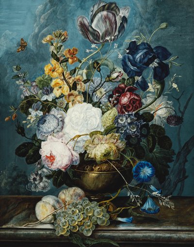 Taş Kenarda Üzüm ve Şeftali ile Vazoda Güller, Lale, İris, Yıldızçiçekleri, Lamium, Unutma beni, Convolvulus, Auricula ve Delphiniums, by Ladislaus Tumal