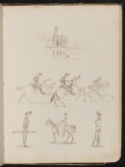 Beş kilise çalışması, at sırtında tam elbiseli askerler, nöbet tutan bir asker ve yan eyer kullanan kadın çalışması by Lady Butler