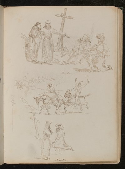 Tahta haçın yanında dört figür, eşeğe değnek tutan iki gencin incelenmesi, iki keşişin incelenmesi, biri tahta haçın önünde diz çökmüş by Lady Butler