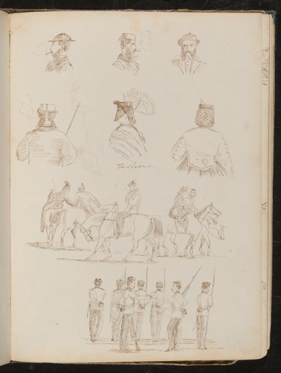 Dört erkek büst çalışması, ikisi şemsiyeli kadın çalışması, at sırtında kadın ve erkek grubu çalışması, asker grubu çalışması by Lady Butler