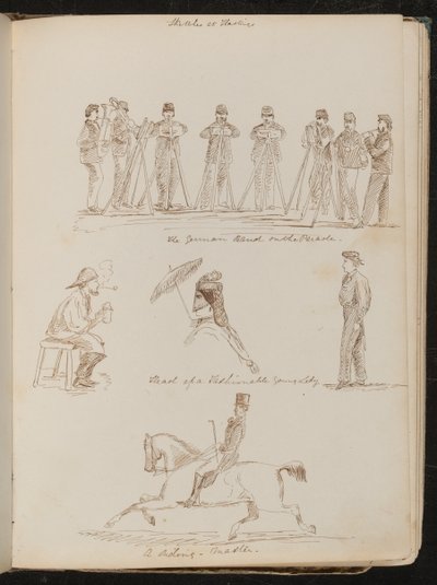 Geçit Töreninde Alman Bandosu", maşrapalı ve pipolu oturan bir adamın çalışması, "Modaya uygun genç bir bayanın başı" ve "bir binicilik ustası" by Lady Butler