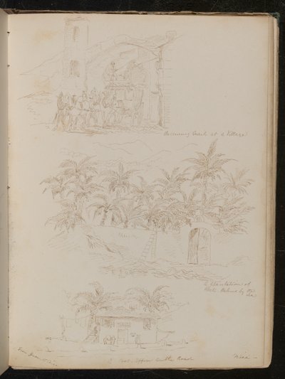 "Köyde posta almak" yazılı bir kemerin içinden bir araba çeken atlar by Lady Butler