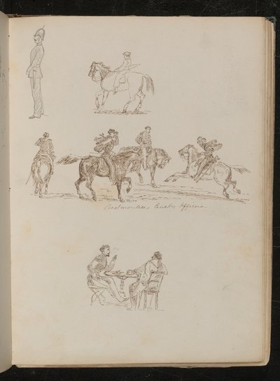 Tam üniformalı asker, at sırtında olta taşıyan bir gencin çalışmaları, atlı dört adam yazılı "Piedmont Süvari Subayları" by Lady Butler
