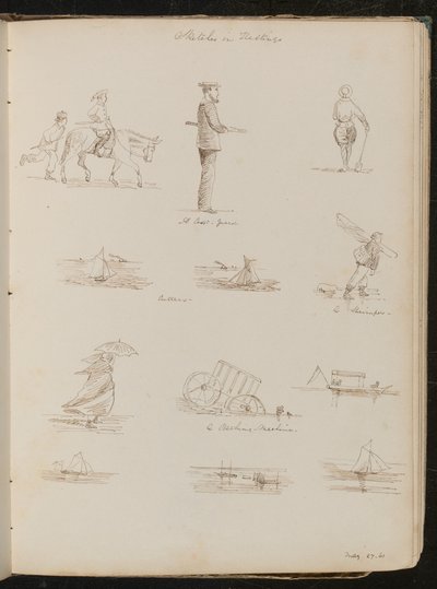 Üzerinde "Bir Sahil Güvenlik mi?" yazan bir denizci, "Cutters" yazılı tekneler, bir Karides, "27-61 Mayıs" tarihli şemsiyeli bir kadın ile ilgili altı araştırma by Lady Butler