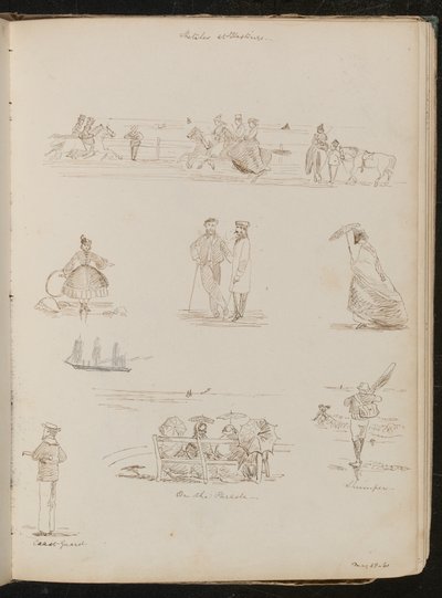 Erkek ve kadın çalışmaları "On the Parade", "Shrimper" etiketli ağlı bir adam, "Sahil güvenlik" etiketli bir denizci, "28-61 Mayıs? by Lady Butler