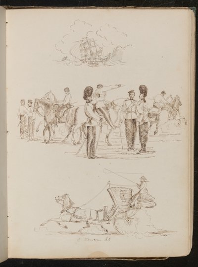 Suda savrulan bir geminin incelenmesi, sekiz asker ve beş atın incelenmesi, bir kadın binici ile bir at ve arabanın incelenmesi by Lady Butler