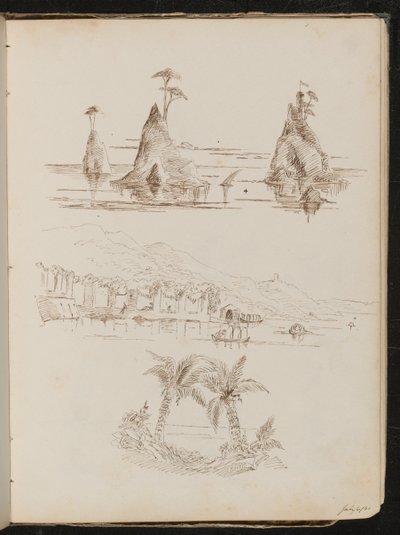 Üç kayalık ada çalışması, insanlarla ve teknelerle dolu sulu bir manzara ve palmiye ağaçları by Lady Butler