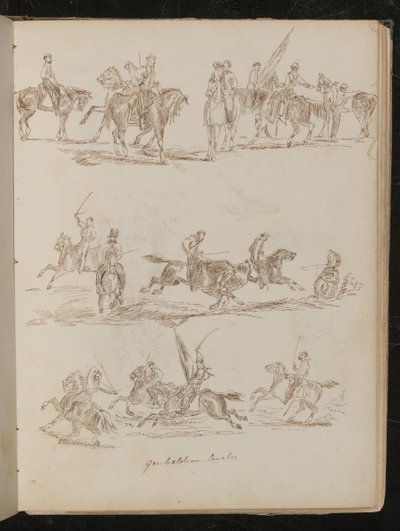 "Garibaldian Süvari" yazılı atlı askerlerin üç çalışma by Lady Butler