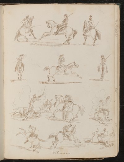 "Gönüllüler" yazan on iki kalem çalışması, at sırtında altı asker, savaşta at sırtında altı asker by Lady Butler