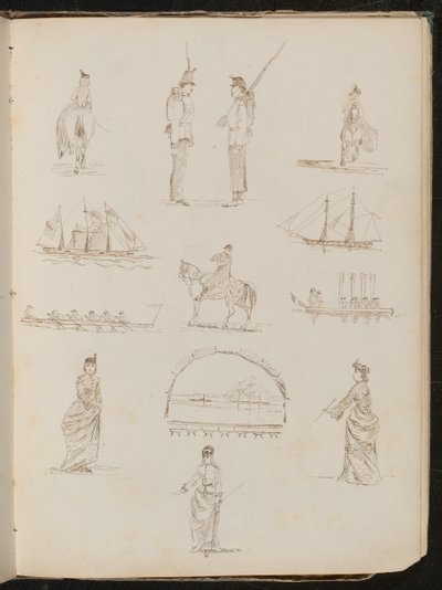 Yan eyere binen kadını, sohbet eden askerleri, gemileri, at üzerinde hırsızı gösteren on iki çalışma by Lady Butler