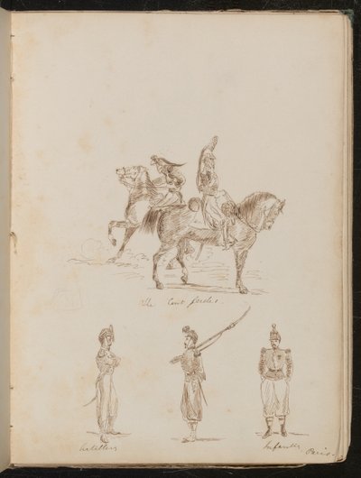 "Cert gardes" yazılı atlı iki asker, topçu ve piyade askerleri çalışmaları by Lady Butler
