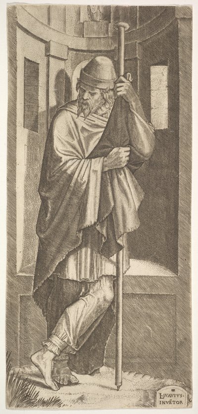 St. James Major bir nişin önündeki bir direğe yaslanmış, sol ayağı sağ ayağının üzerinden geçmiş, fro..., 1545. by Lambert Suavius