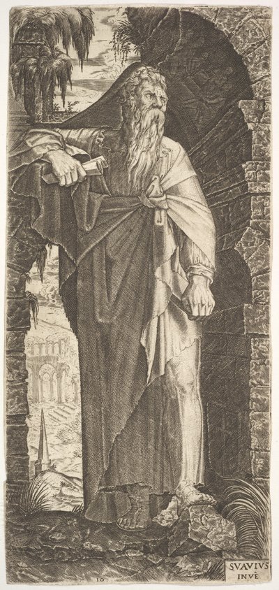 St. Paul büyümüş bir kemerin altında, sol ayağı bir kayanın üzerinde, sağ hanı..., 1545. by Lambert Suavius