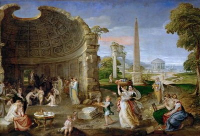 Antik harabeler ve banyo yapan kadınların olduğu manzara - Lambert Sustris (Alberto de Olanda) (1515/20- 1591