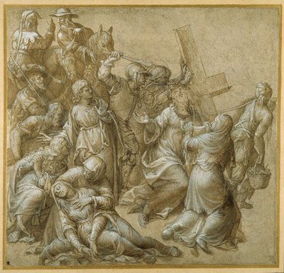 Haçını taşıyan İsa, St Veronica ile karşılaşır (kalem ve kabartmalı kahverengi mürekkep) by Lavinia (attr. to) Fontana