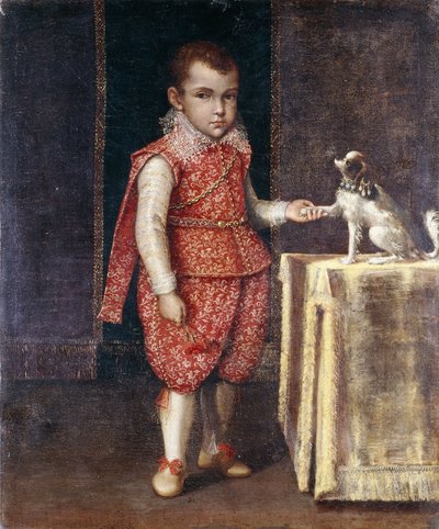 Tam boy, gümüş işlemeli kırmızı bir kostüm giyen, masanın üzerinde bir İspanyol patisini tutan bir çocuğun portresi, by Lavinia Fontana