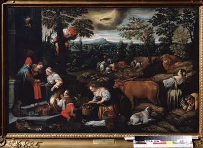 ""Haziran ayı"" (Haziran) Çiftliğin çalışmaları, kiraz toplama ve buğday toplama. Gökyüzünde kanser işareti sembolü. Resim Leandro Bassano da Ponte (1557-1622) 1595-1600 Devlet Sanat Müzesi Tula Rusya by Leandro da Ponte Bassano