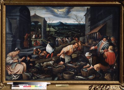 ""Mart ayı"" (Mart) Balık pazarı sahnesi. Koç burcu sembolü gökyüzünde. boyama Leandro Bassano da Ponte (1557-1622) Boyut 80x121 cm Devlet Sanat Müzesi Tula Rusya by Leandro da Ponte Bassano