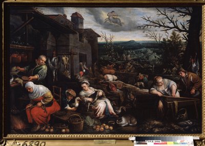 ""Kasım ayı" (Kasım) Bir kadın kestane kavurur, diğeri kazları hazırlar. Gökyüzünde yay burcunun sembolü. Tablo Leandro Bassano da Ponte (1557-1622) 1595-1600 Devlet Sanat Müzesi Tula Rusya by Leandro da Ponte Bassano