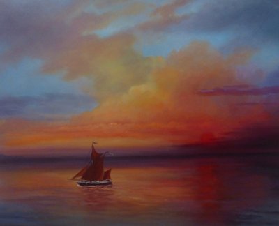 Red Sails - Thames Barge tam yelkenle, 2022 (tuval üzerine yağlı boya) by Lee Campbell