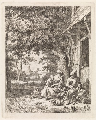 Bir evin önünde oturan köpekli aile Figürlü manzaralar (dizi başlığı) by Leendert Overbeek