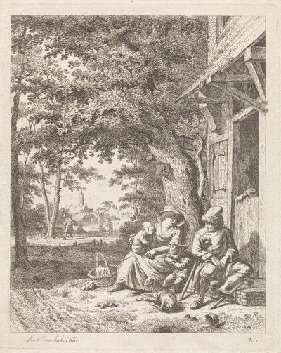 Bir evin önünde oturan köpekli aile Figürlü manzaralar (dizi başlığı) by Leendert Overbeek